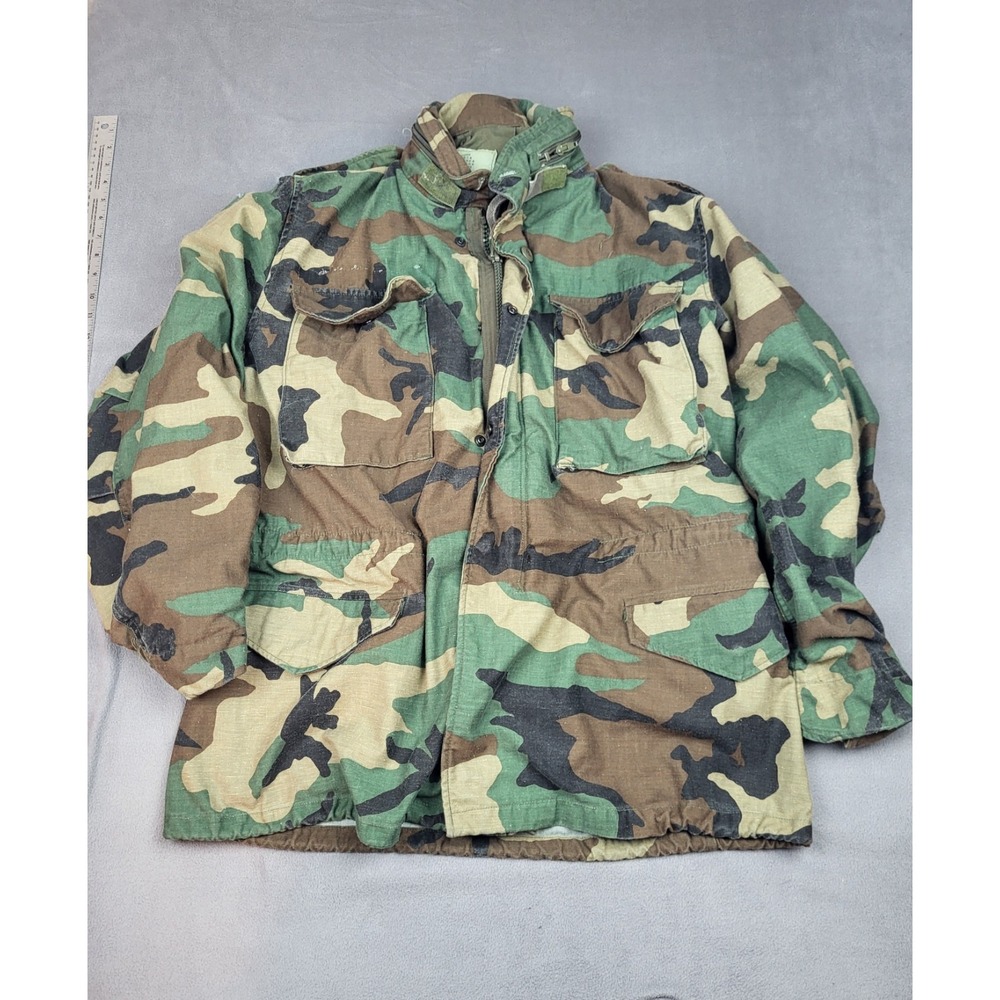 Military Cold Weather Field Jacket Mens Medium Green Camo Full Zip Center Cinch‎